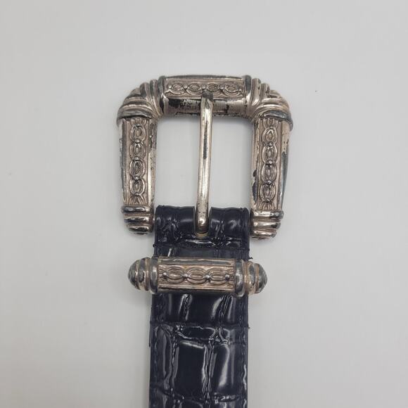 Black Leather Belt Small Western Silver Buckle Croc Embossed Cowgirl Concho Boho - Picture 4 of 8